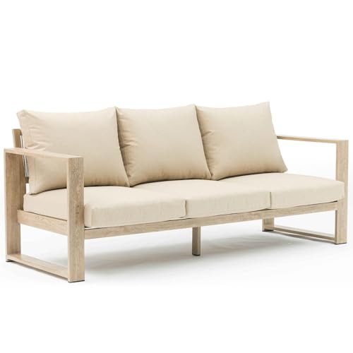Sofa-Set Couchtisch und 2 Sessel aus Aluminium und Seil in Beige, 70,5 x 44,5 x 157 cm