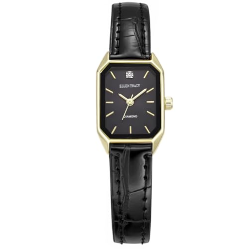 Montre ronde dorée pour femme Ellen Tracy 20mm cadran noir et bracelet cuir