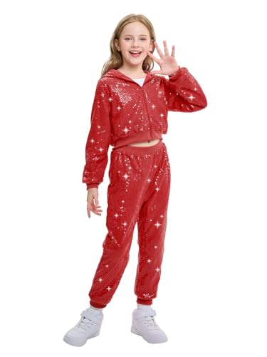 LOLANTA Niños Lentejuelas Hip Hop Traje de Baile Calle Ropa de Baile Conjunto Chaqueta Pantalón, Rojo, 6-7 años, 130