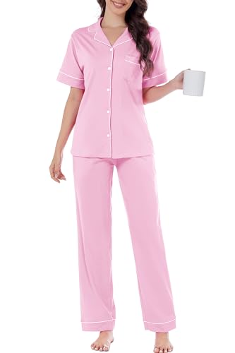 Image of LUBOT 100% Cotton Pajamas for Women Pajama Set Soft 2 Piece Sleepwear PJ Set Long Sleeve Button Knit Cozy Loungewear XS-XXL