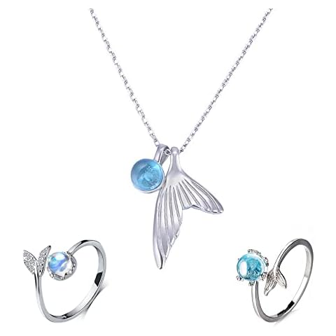 Liitata 3 Pcs Crystal Mermaid Rings Mermaid Tail Necklace Set Mermaid Tail Blue Gemstone Ring Asjuatable Open Ring for Women Girls Kids Birthday Gifts Souvenir - Silver Cover