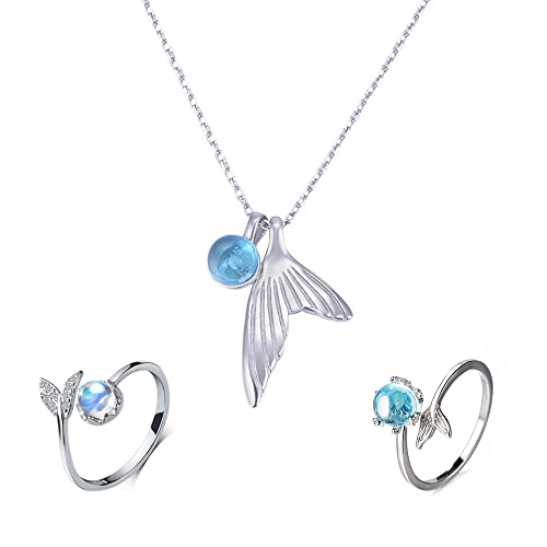 Liitata Juego de 3 anillos de sirena con forma de sirena, anillo de sirena con piedra azul,...