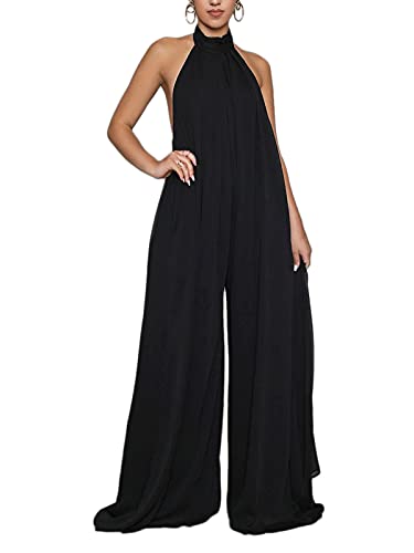 Ekaliy Women's Sexy Summer Jumpsuit Halter Neck Sleeveless Chiffon Wide Leg Long Pant Jumpsuit Romper One Piece Party Outfit Black Large