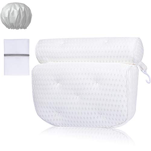 Ceephouge Luxury Bath Pillow, Upgraded 5D Super Soft Air Mesh Bathtub Pillows with Waterproof Shower Cap, Extra Strong Suction Bathtub Pillow Neck Head Support, Bath SPA Pillow for Women Men