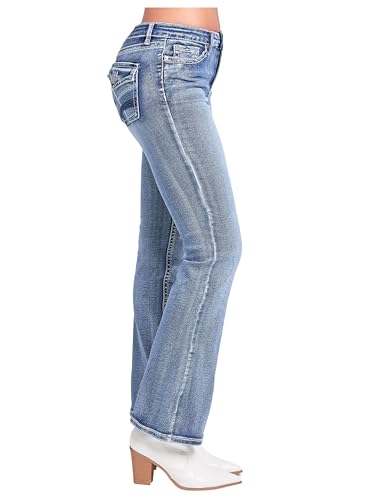 YMI Women's Mid Rise Heavy Stitch Embroidered Bootcut Jeans2