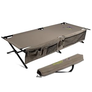 Extremus New Komfort Camp Cot, Folding Camping Cot, Guest Bed, 300 lbs Capacity, Steel Frame, Strong 300D Polyester Surface, Includes Side Storage Organizer, Carry Bag, 75” Long x 35” Wide x 17” Tall