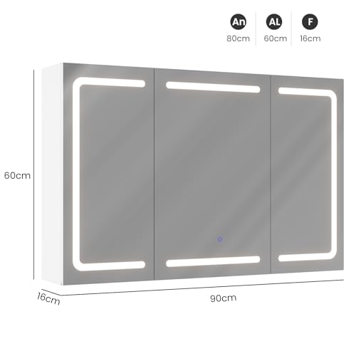 DICTAC Armario con Espejo,iluminación LED y Enchufe Armario Baño de Pared con 3 Puertas Espejo,Mueble Baño de Pared con Espejo y Estantes Ajustable,Mucho Espacio de Almacenamiento,90x60x16cm, Blanco - imagen 2