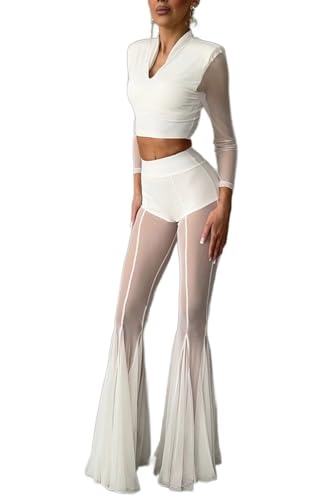 Women Sexy Black Floral Sheer Mesh Lace Flare Leg Pants Y2K High Waist See-Through Bell Bottoms