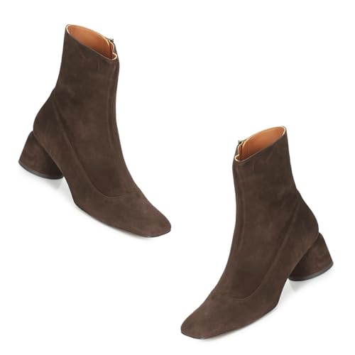 Women Suede Chunky Heel Ankle Boots Zipper Square Toe Sock Booties Mid Calf Comfort 2 Inch Block Heel Short Boots Slouch Go Go Ankle Boots Dressy Retro Casual 4-11 M US