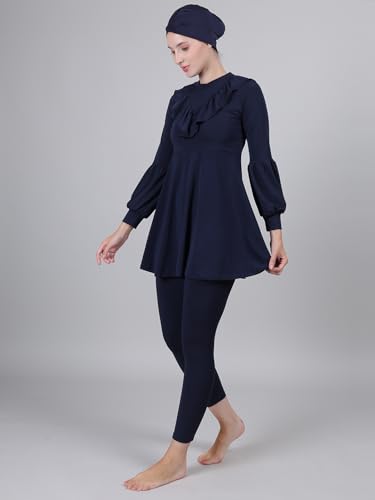 Image of Women 3 Piece Modest Muslim Swimwear Islamic Ruffle Full Coverage Long Sleeve Removable Chest Pads Swim Hijab Cap Swimming Costume Burkini Swimsuit