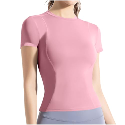 Women's Athletic Slim Fit Top - Short Sleeve Shirt Stretch Breathable Sports Yoga T-Shirt for All Seasons Pink
