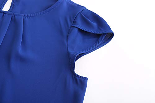 TASAMO Women's Casual Round Neck Basic Pleated Top Cap Sleeve Curved Keyhole Back Chiffon Blouse4