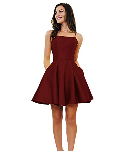 Yilis Women s Spaghetti Strap Short Evening Formal Dress A-line Satin Prom Dress with Pockets Burgundy US2