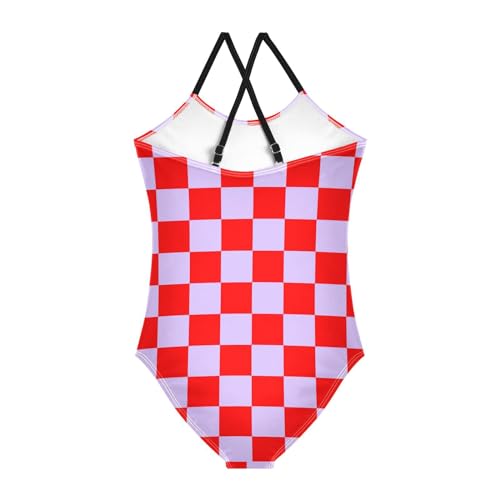 Image of Black and White Chess Girls One Piece Swimsuits Board Marble Tile Sport Halter Swimwear Beach Bathing Suit 3T