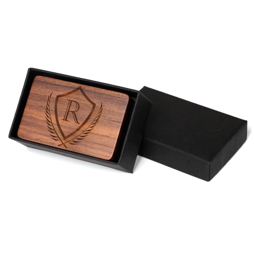 Image of Mens Initial Cufflinks and Tie Clip A-Z Alphabet Letter Black Stainless Cuff Links Tie Bar with Engraved Walnut Wood Box Groom Groomsman Wedding Set