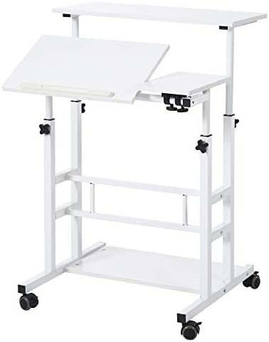 UNICOO- Height Adjustable Sit Stand Workstation, Mobile Standing Desk, Rolling Presentation Cart, Stand Up Computer Desk with Dual Surface for Home Office U101 (Ancient Oak)