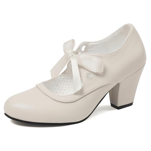 Mary Jane - Zapatos de tacón grueso para mujer, diseño de punta redonda único con cordones, beige, 42 EU