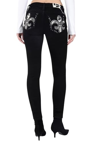 Miss Me Women's Fleur de Lis Saddle Stitch Mid-Rise Skinny Jeans