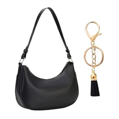 Bolso de Hombro Media Luna con Colgante de Borla, Negro - Bolso Liviano con Textura para Viajes Informales de Mujer | Ya disponible en tu tienda friki favorita! En mundofriki.es!