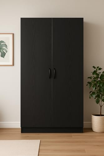 Image of MATTERHORN LuxeStore 2-Door Wardrobe -V | Modern Bedroom Closet with Lock, Shelves & Hanging Rod 1830mm (H) X 750mm (W) X 460mm (D) | Durable Build | Free Installation (Ebony Black)