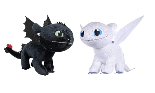 HTTYD Dragons, como Entrenar a tu dragón - Pack 2 Peluches Furia Luminosa (Light Fury) + Desdentao (Toothless) - Calidad Super Soft 11'80'/30cm (40cm Cola incluida)