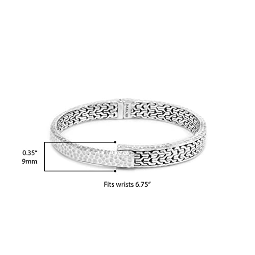 .925 Sterling Silver Chain Link Pattern & Hammered Finish Hinged Bypass Style Cuff Bracelet 6-3/4" - Handmade By Bali Artisans #TOP1