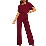 Ladies Jumpsuit, Jumpsuits for Women UK, Wide Leg Jumpsuit Ladies Playsuits Short Sleeve Jump Suit Womens Elegant Onesies with Belt Casual Romper Suits Work Plus Size S-3XL Wine M