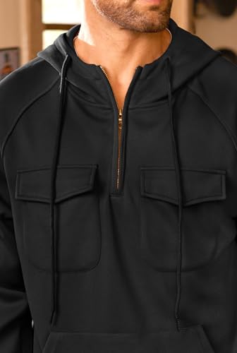 Men's Workout Hoodies Chic Pullover Long Sleeve Raglan Hooded Warm Pockets Sweatshirt Black L4