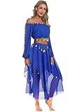 Yruioon Ensemble De Costume De Danse du Ventre pour Femmes Haut Court À Manches Longues avec Jupe en Mousseline Robe Danse du Ventre Tenue Danseuse Orientale Bleu Royal Taille Unique