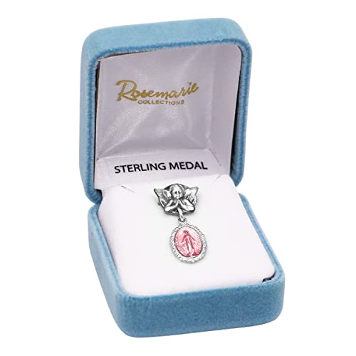Image of Rosemarie's Religious Gifts Petite Angel Pin with Sterling Silver Enameled Oval Miraculous Medal of Mary