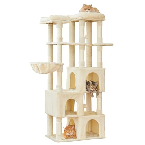 Image of MWPO Large Cat Tree for Indoor Cats, 63-inch Cat Tower with 3 Cat Condos, Scratching Posts, Padded Perches, Hammock, Dangling Toys, Beige