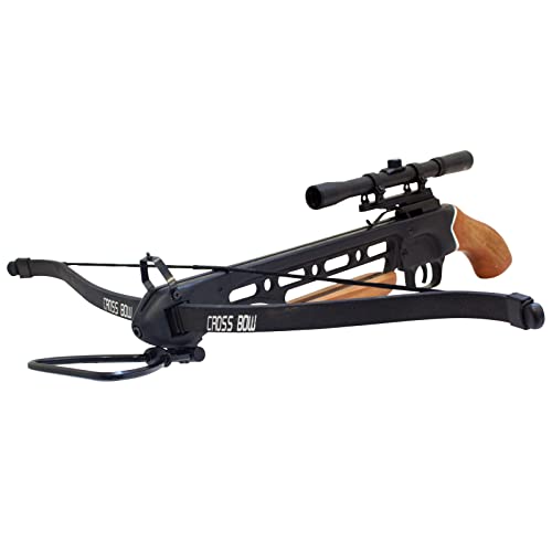 Wizard Archery 150lbs Short Stock Pistol Wood Crossbow with 4x20 Scope + 8 x Arrows and Rope Cocking Device (Wood)