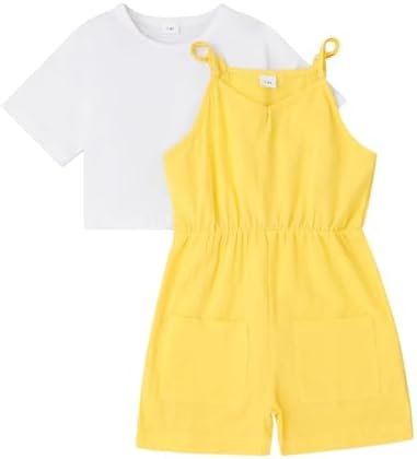 Girls’ Jumpsuits & Rompers Strap Adjustable Sleeveless+T-Shirt Summer Outfits with Side Pockets 2 Piece Set 7-14 Years