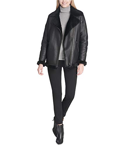 Calvin Klein Womens Shearling Biker Jacket, Black, Small