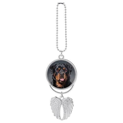 Cool Rottweiler Dog Guardian Angel Wing Car Ornament for Mirror, Zinc Alloy Hanging Charm with Spiritual Design for Protection, Rearview Mirror Accessory Decor Gift for Women Men(Silver)