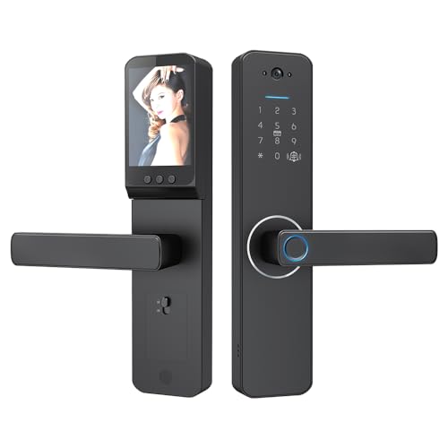 Splenssy Cerradura inteligente WIFI con cámara gran angular de 120° y timbre inteligente, manija de cerradura de puerta de entrada sin llave, aleación de aluminio, cerradura biométrica de puerta,