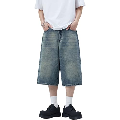 Pantalones Cortos Vaqueros Holgados para Hombre, Pierna Ancha, Corte Suelto, por Debajo de la Rodilla, Estilo Casual Urbano, Azul Vintage, Talla M