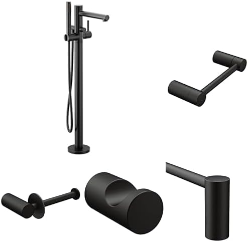 Moen Align Matte Black Bathroom Set: Freestanding Tub Filler with Handshower, 24 in. Towel Bar, Double Post & Single Post Toilet Paper Holders, and Robe Hook