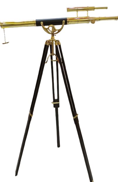 Maritime Telescope Wooden Tripod Stand Harbor Master Shiny Brass Double Barrel Telescope