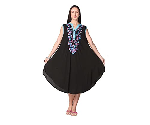 Womens Summer Umbrella Dress Sleeveless Dress Beach Cover Free Size with V-Neck Emb Design