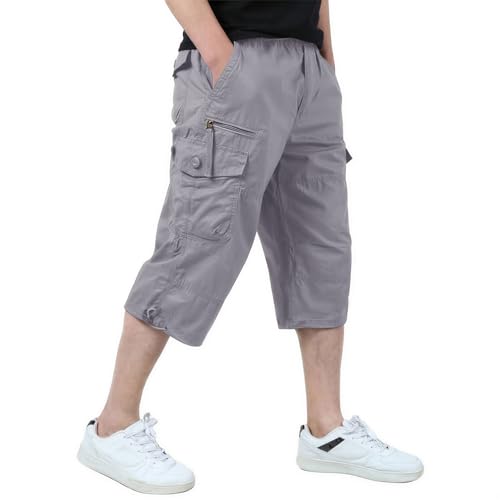 KEFITEVD Men's Casual Twill Elastic 3/4 Cargo Shorts Loose Fit Multi-Pocket Capri Long Short Pants, Light Grey, 36