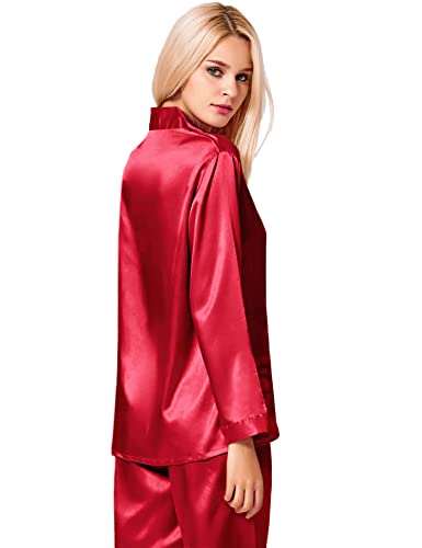 Image of SWOMOG Long Sleeve Pajamas Set Silk Satin Sleepwear Button Down Pjs Loungewear with Pocket