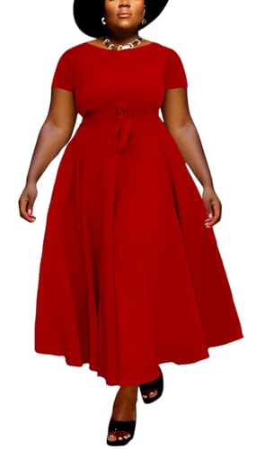 Image of BFFBABY Plus Size Dress A Line Dresses for Women Summer Long Dresses with Sleeve Casual Belted