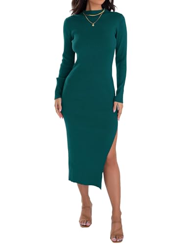 Image of ZESICA Women's 2026 Ribbed Knit Dress Long Sleeve Mock Neck Slim Fit Side Slit Fall Elegant Sweater Dresses