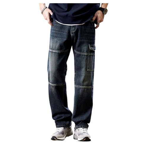 Straight Leg Jeans for Men Loose Denim Trousers Vintage Streetwear with Flap Pockets