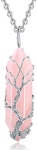 XIANNVXI Rose Quartz Point Necklace Tree of Life Wire Wrapped Crystal Pendant Necklaces Healing Stone Natural Reiki Hexagonal Gemstone Jewelry for Women Mom Mother
