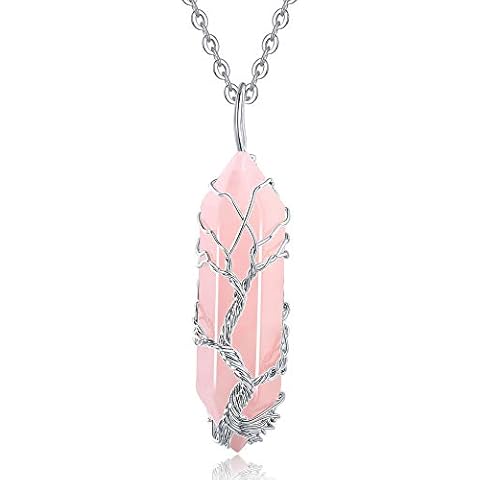 XIANNVXI Rose Quartz Point Necklace Tree of Life Wire Wrapped Crystal Pendant Necklaces Healing Stone Natural Reiki Hexagonal Gemstone Jewelry for Women Mom Mother Cover