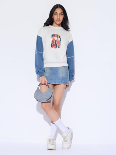 Image of The Souled Store Spirit Women and Girls Full Sleeves Round Neck Colour-Block Embellished Cotton Blend Drop Shoulder Streetwear Trendy Oversized Sweatshirt