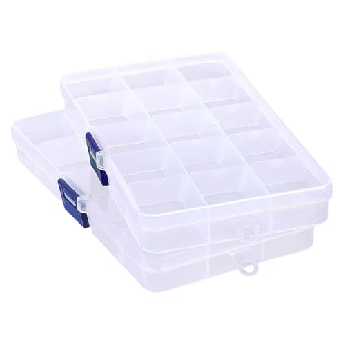 Doukesh 2 cajas de almacenamiento de cuentas, caja de almacenamiento de cuentas con 15 rejillas con compartimentos, cajas organizadoras de plástico transparente para joyas, cuentas, diamantes de