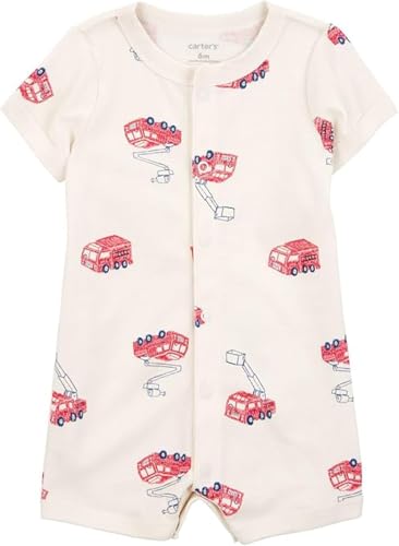 Carter's Baby Boys' One Piece Short Sleeve Romper, Cream Fire Truck, 12 Months